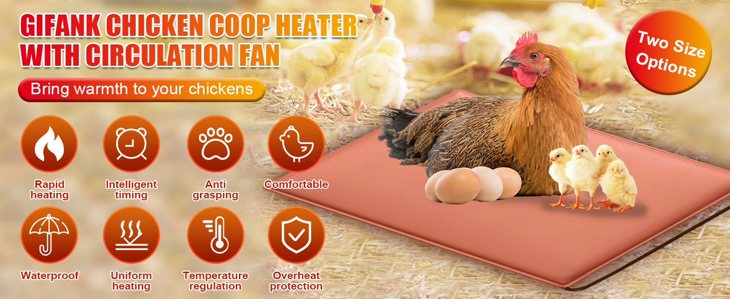 GIFANK Chicken Heating Pad Chicken Coop Heater Temperature and Timer Adjustable Led
