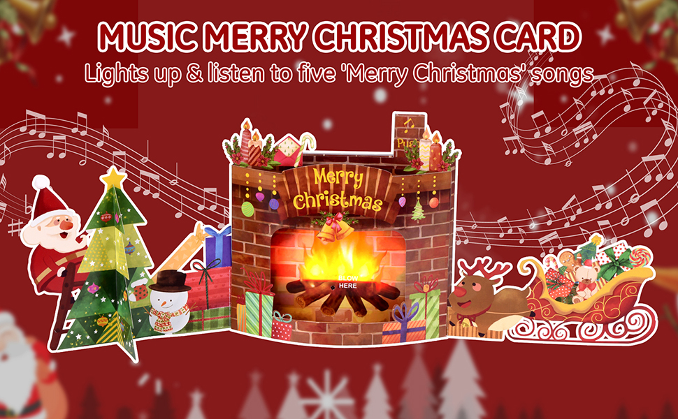 Musical Christmas Card, 3D Christmas Blowable Pop Up Cards with Lights and Music (Fireplace