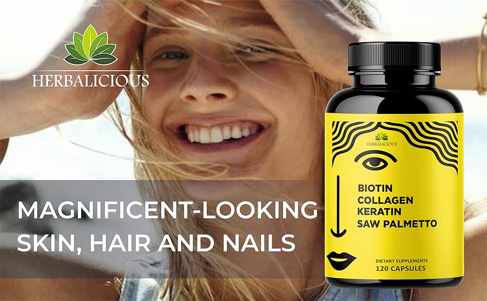 Amazon.com: HERBALICIOUS Biotin Vitamins with Collagen, Keratin & Saw - Dietary Hyaluronic Acid And Saw Palmetto