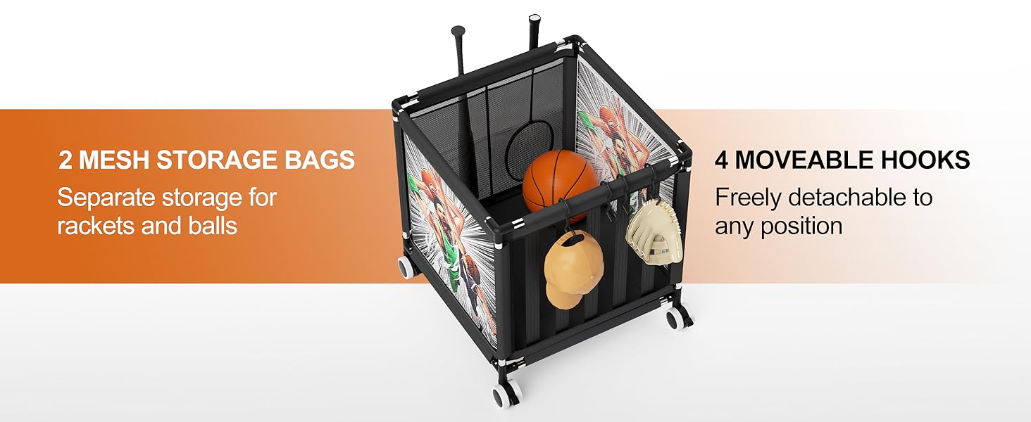 Garage Sports Ball Storage Cart Rolling Ball Storage Bin Ball Basket Storage Ball Cage