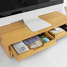 SoBuy 2 Drawers Bamboo Monitor Stand Computer Screen Monitor Stand Monitor Riser Desk Organizer, Designed For 2 Monitors,BBF04-N 16 BBF04-N