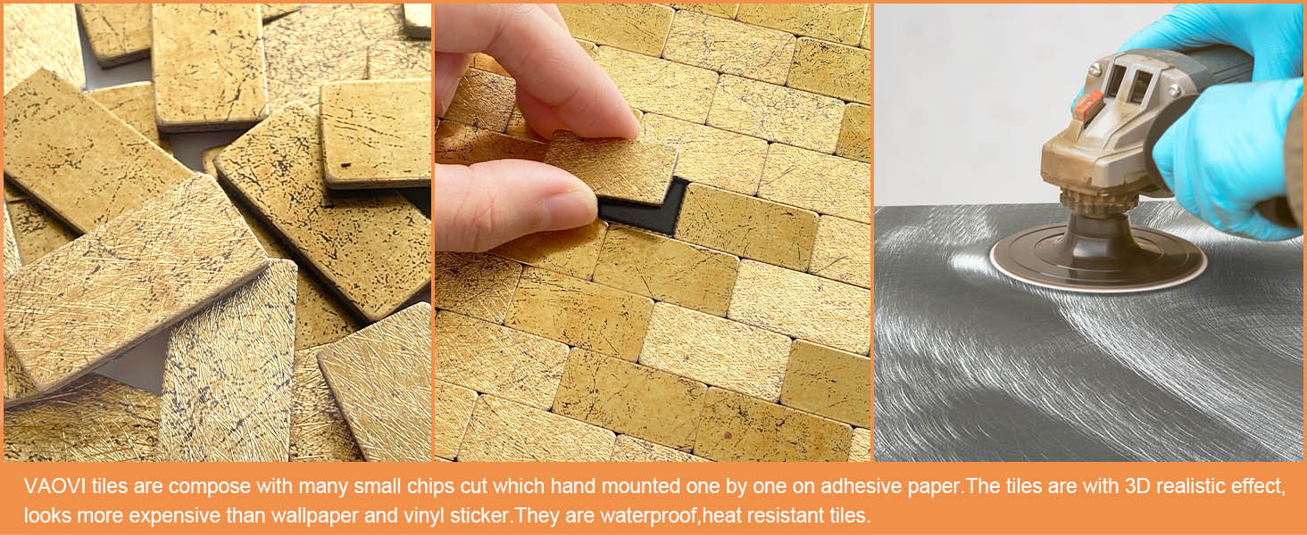 VAOVI Metallic Gold Stick on Tiles Kitchen Splashback,Self Adhesive