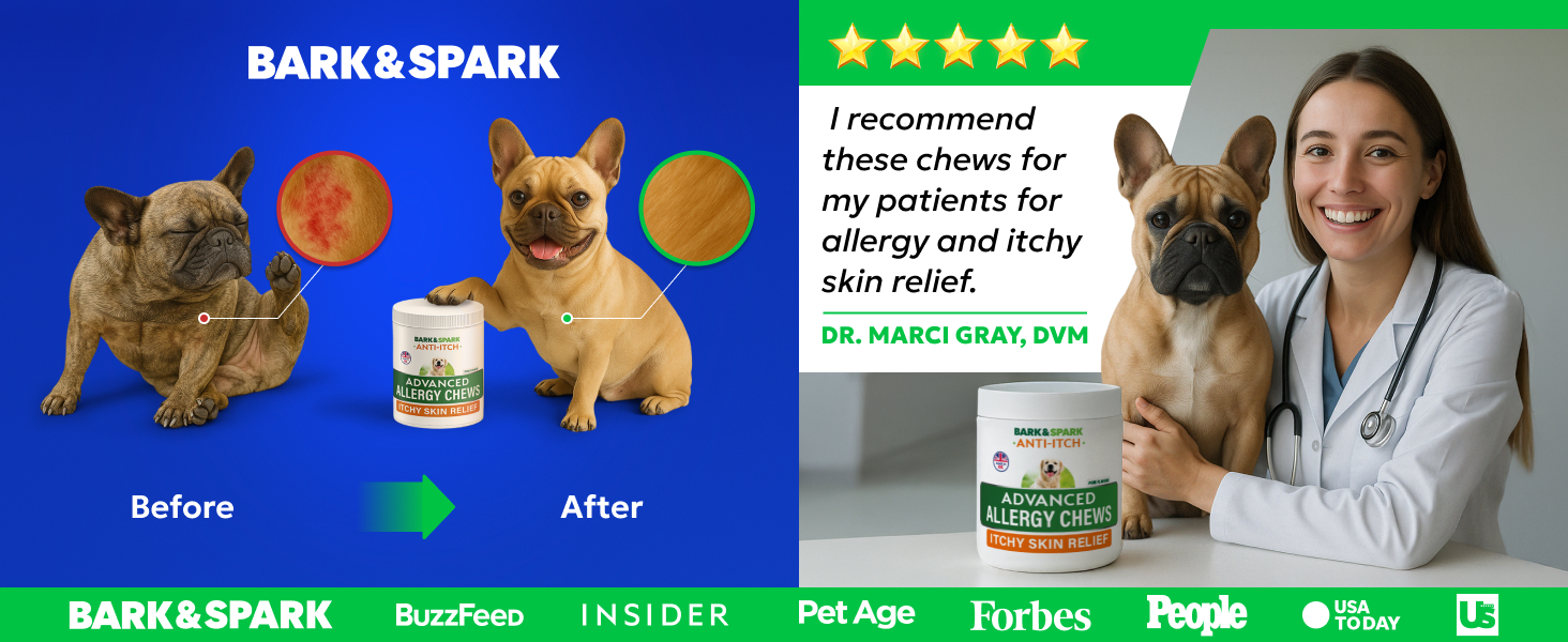 Dog supplement advertisement showing before and after images of a French Bulldog, product bottle, and veterinarian testimonial. Includes logos of media outlets and five-star rating.