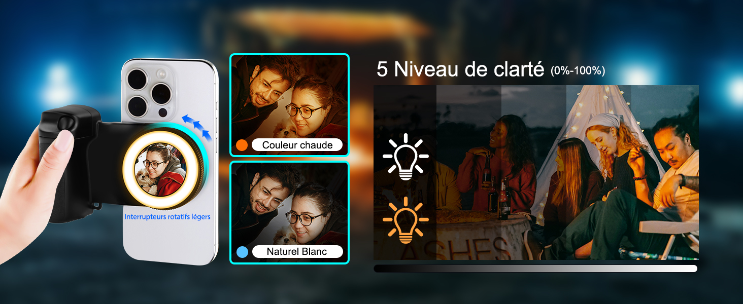 Écran du téléphone affichant une interface de réglage de la luminosité avec plusieurs vignettes de photos et des indicateurs de niveau de luminosité sur fond sombre