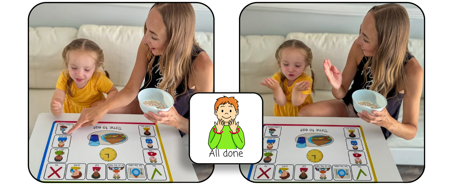 Mother and child learning ASL for 'all done'