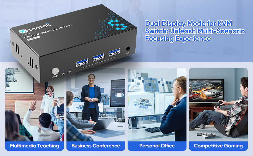 Steetek 8K KVM Switch 2 Monitors 2 Computers DisplayPort, with 3 USB 3.0 Hub, 8K