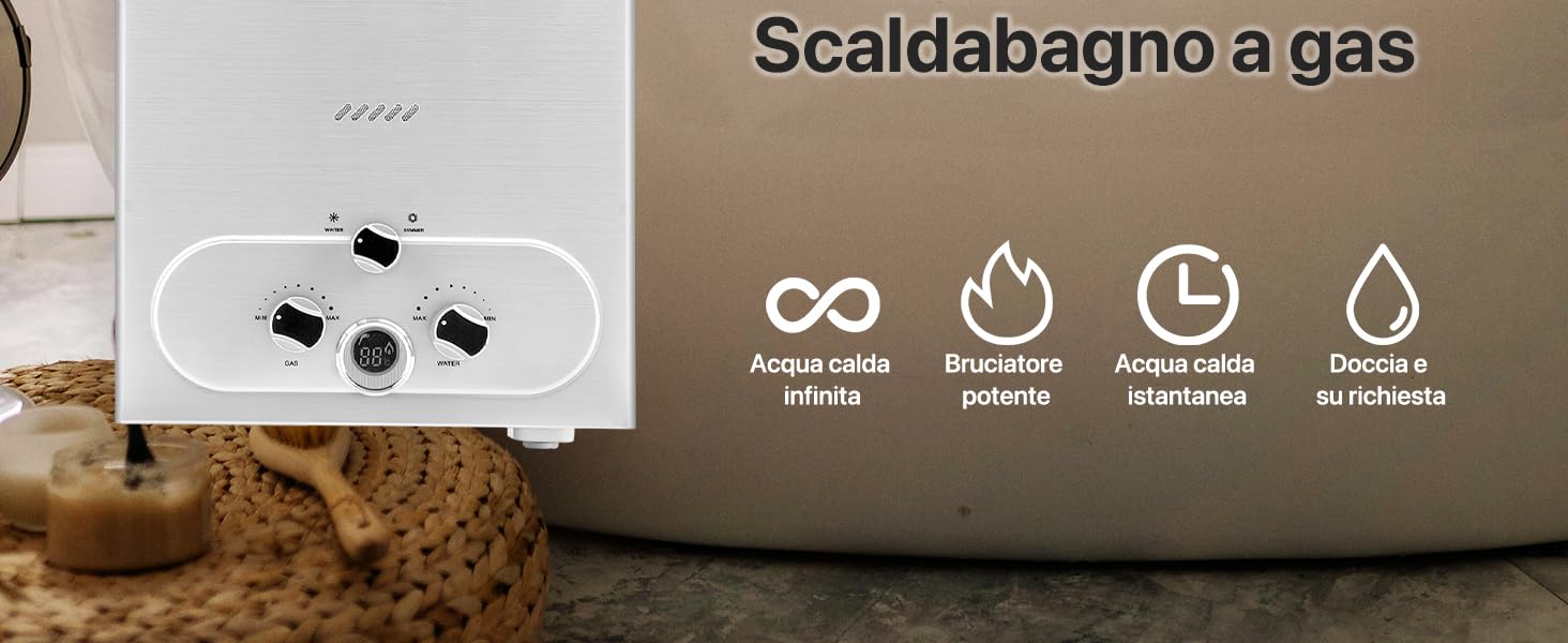 Scaldabagno A Gas 40KW - 20L/min, Funzionamento A GPL, Pressione Minima 0.1 Bar