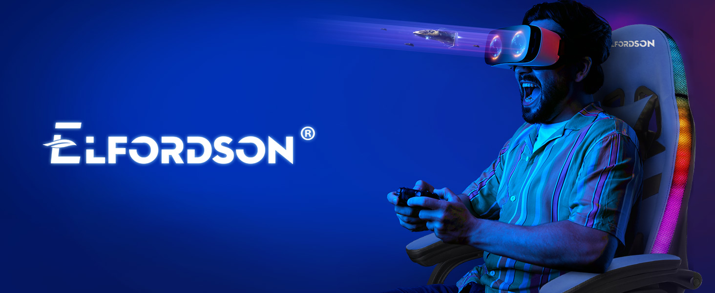 ELFORDSON Gaming Chair With RGB LED Light 8-Point Massage, Blue & Black 21 6-1