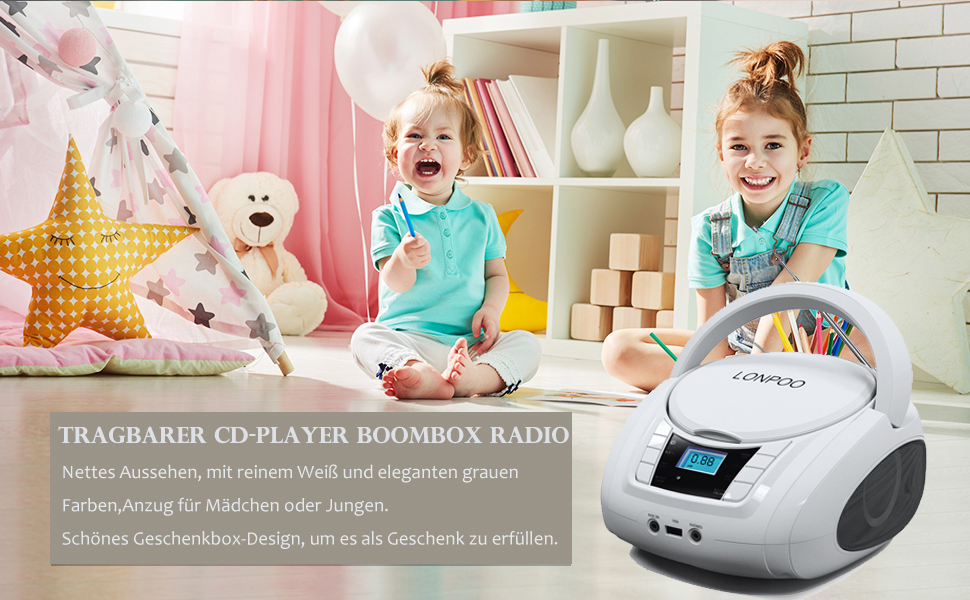 Tragbarer CDPlayer für Kinder mit Bluetooth, UKWRadio, USB Eingang