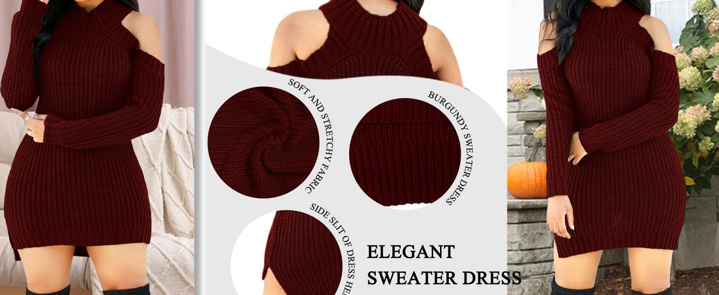 Elegant Sweater Dress for Women Cold Shoulder Knit Long Sleeve Pullover Sweater Dresses with Split