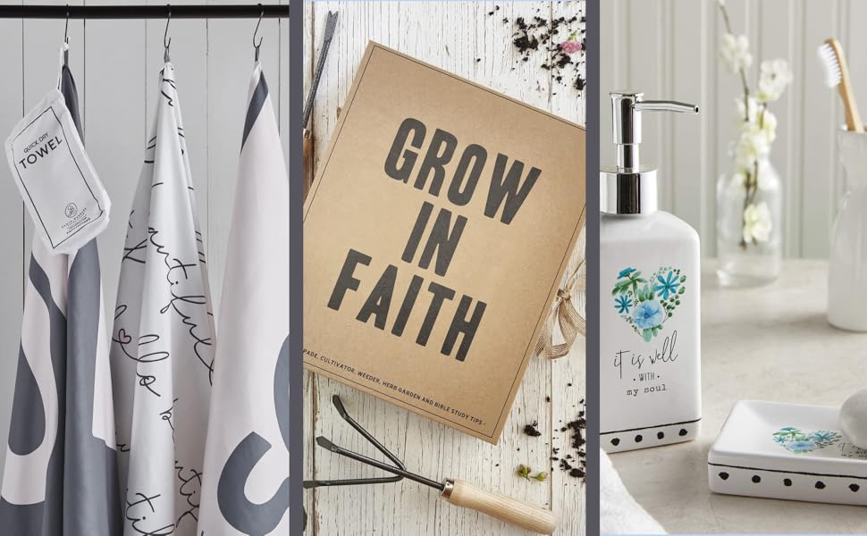 three towels hang from a bar a gardening kit reading grow in faith and a bathroom with bath supplies