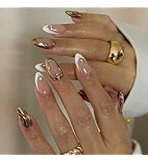 White French Tip Press on Nails Star Fake Nails with 3D Gold Design Nude Glue on Nails Glossy Art...