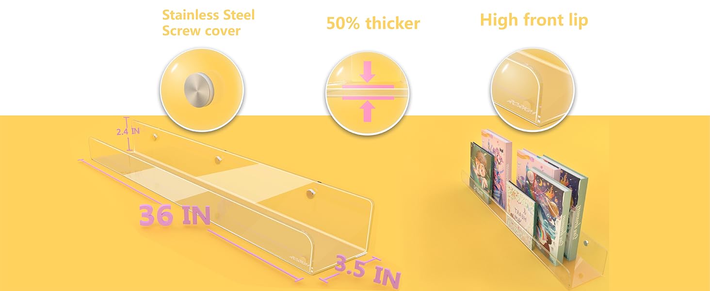 RORKIM 36 Inch 50 Thicker Clear Acrylic Book Shelves
