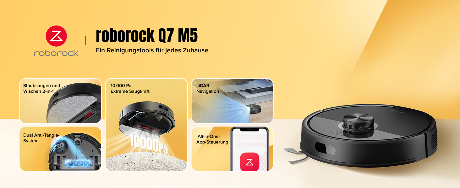 Roborock Q7 M5 Roboterstaubsauger mit App-Steuerung Zu den Funktionen gehören Wischen, Hindernisvermeidung und automatische Mülltonnenentleerung. Schwarzes kreisförmiges Design mit
