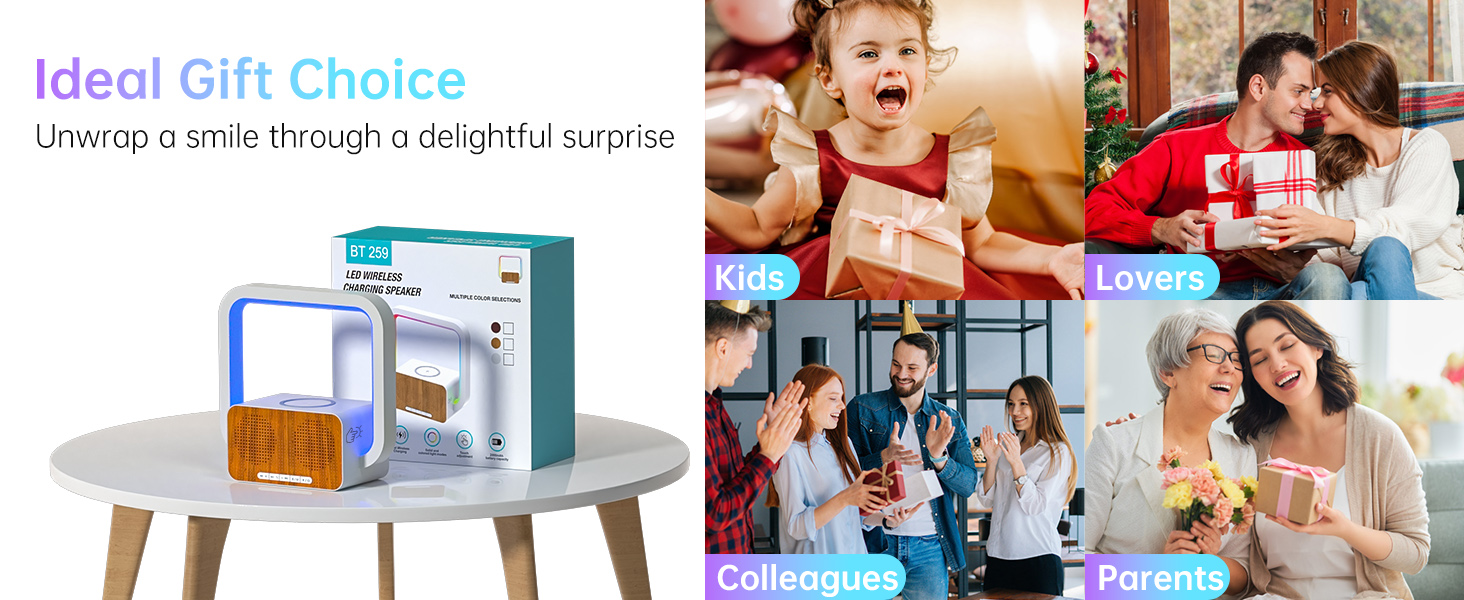 con una caja expositora transparente con el producto sobre la mesa, junto con cuatro fotos de estilo de vida que muestran momentos de entrega de regalos