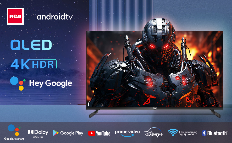 RCA Android TV OLED 4K HDR smart television displaying fiery scene. Features Google Assistant, Dolby, and various streaming apps. Thin bezel design.