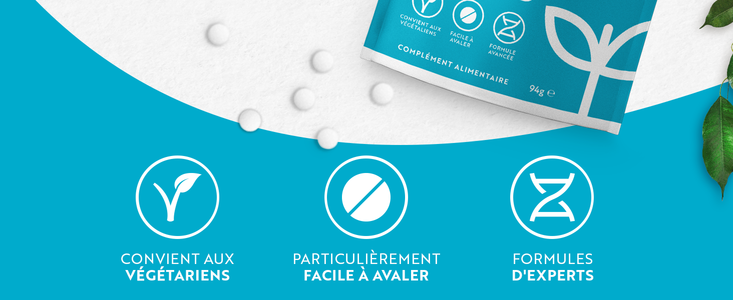 Emballage du produit avec design bleu et blanc. Trois icônes indiquant des formules adaptées aux végétariens, faciles à avaler et expertes