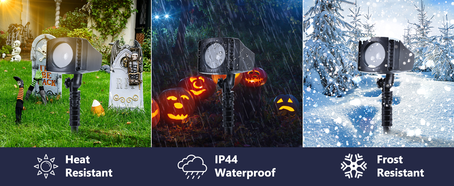 Der Text lautet „Hitzebeständig“, „IP44 Waterproof“, „Frostbeständig“. Eine Reihe von Produktmerkmalen, die die Widerstandsfähigkeit im Freien vor verschneiten Hintergründen und im Freien kennzeichnen.