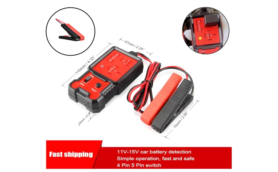 Automotive battery jump starter with digital display, red and black clamps, and inset images showing its compact size and clamp design.