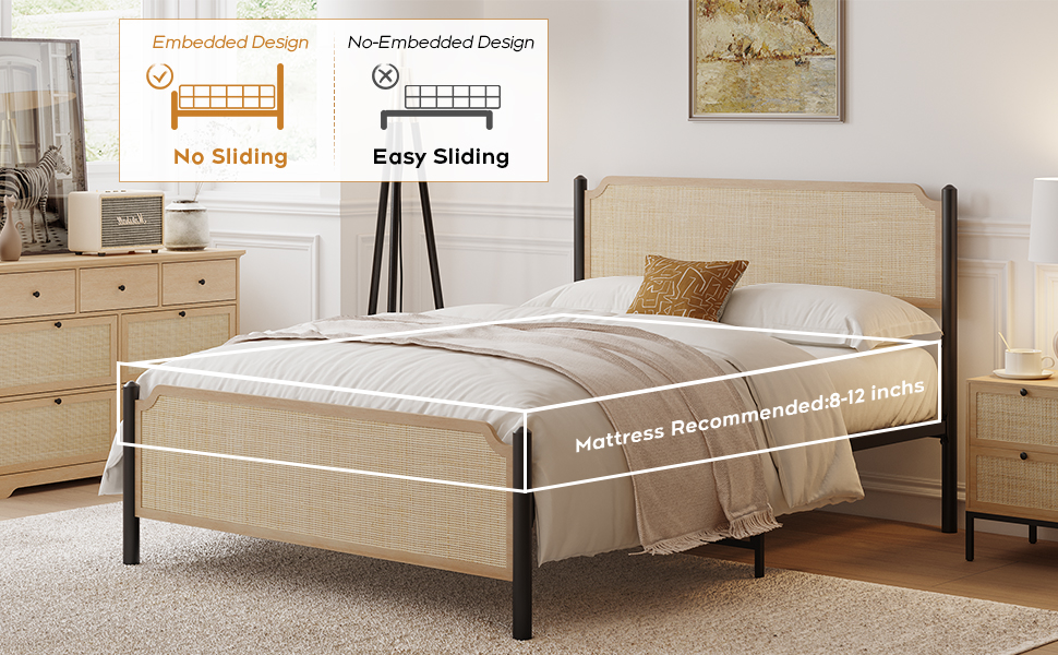 Brafab Natural Rattan Metal Bed Frame Queen Size with