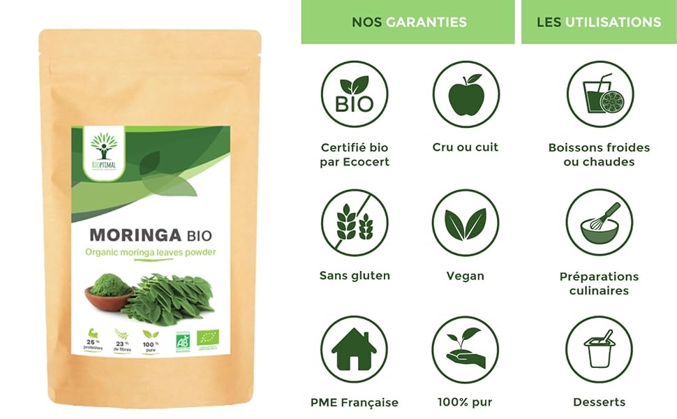 Moringa Oleifera Poudre Feuille Bio Biologique Smoothie Immunité Spiruline Chlorella France Vegan