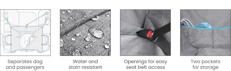 Water and stain resistant, openings for seat belts, two storage pockets