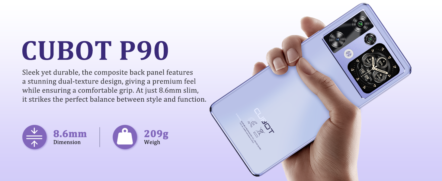Text reads 'CUBOT P90'. Multiple images showing smartphone interface and features on light purple background.