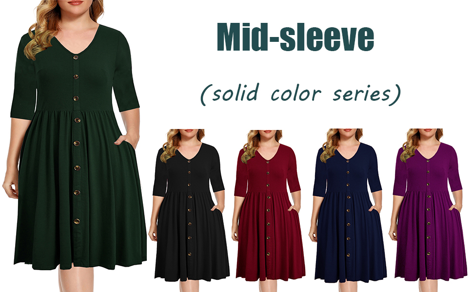Women 3/4 Sleeve v-Neck Button Down dress