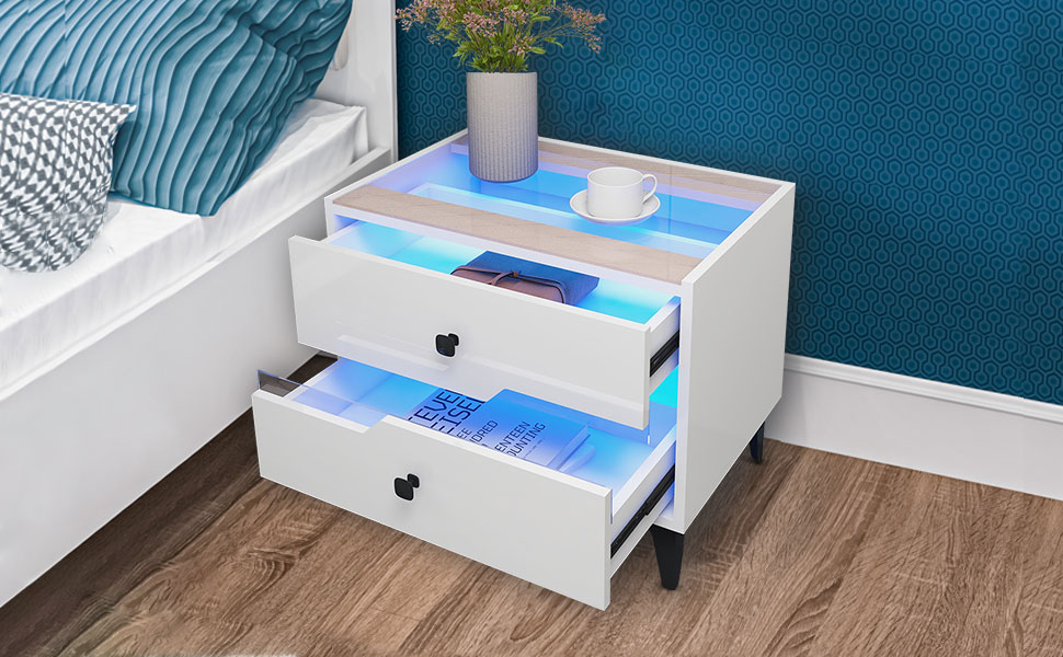 LED Nightstand Set of 2, White End Table with 16 Color LED
