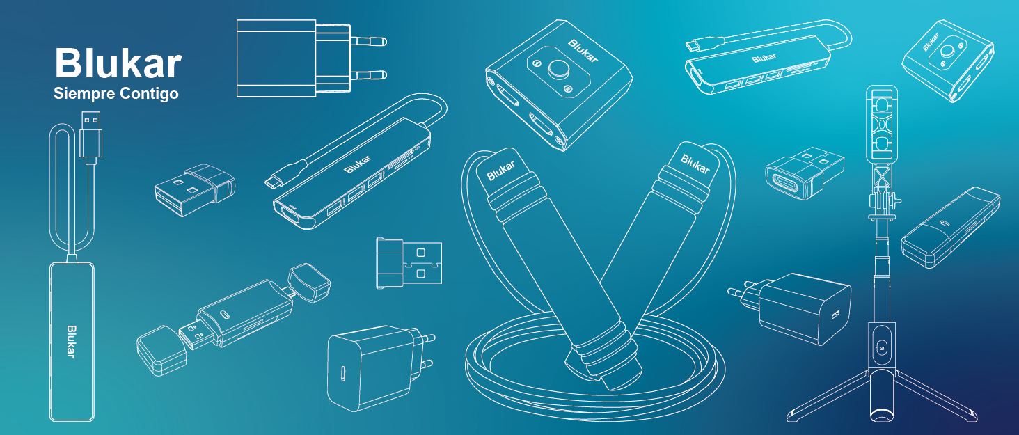 Diagrama técnico tipo plano sobre fondo azul degradado que muestra varias vistas y componentes de un dispositivo Blukar con