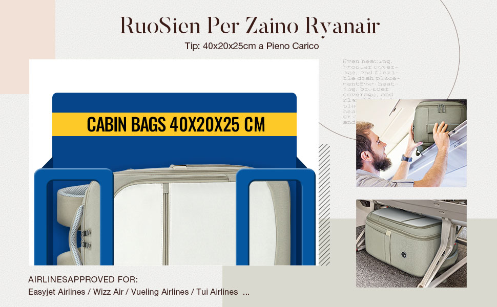 sur les bagages de cabine approuvée par la compagnie aérienne montrant des dimensions de 40 x 20 x 25 cm, avec des images de démonstration du