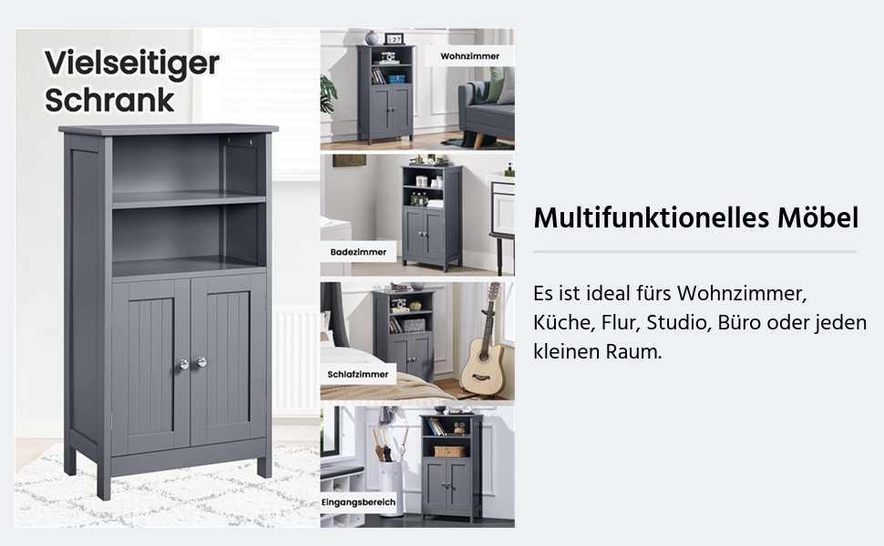 Gray multifunctional cabinet with shelves and doors. Suitable for various rooms. Multiple images show different uses: storage, coffee station, and more.