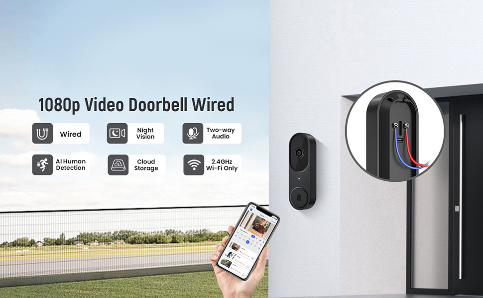 Aiwit 1080p Wired Video Doorbell Camera, AI Human Detection