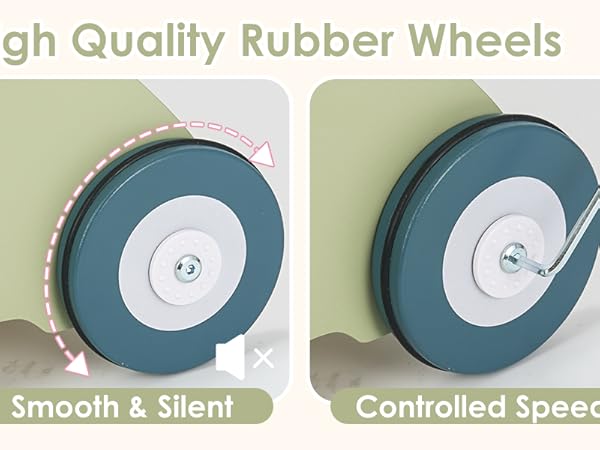 Our baby walkers with wheels can be adjusted for speed by loosening or tightening the wheel screws.