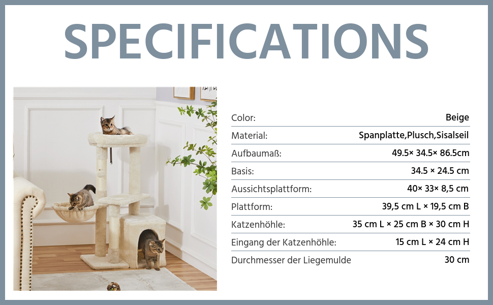 Tabelle mit Produktspezifikationen, die die Abmessungen und Abmessungen eines Möbelstücks zeigt, mit einem begleitenden Bild einer weißen Inneneinrichtung.