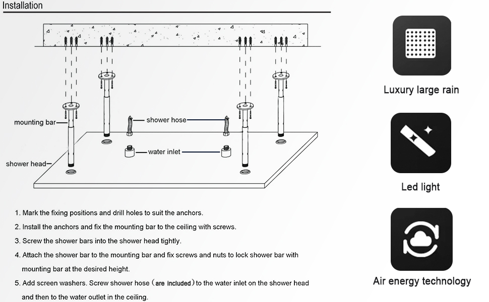 Suguword 16"x32" LED Large Rain Square Shower Heads High Pressure Luxury Rainfall Shower Heads
