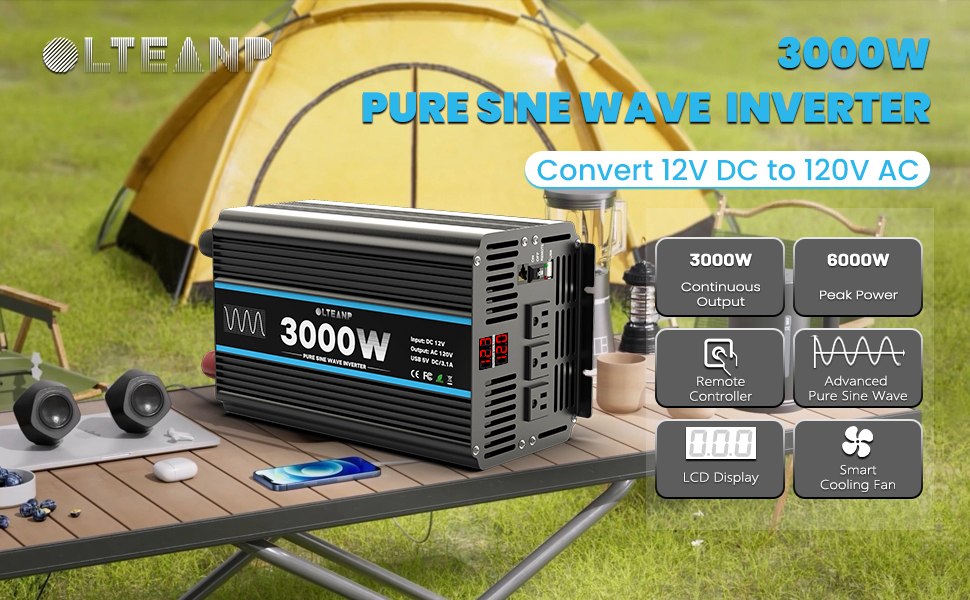 OLTEANP 3000W Power Inverter Pure Sine Wave Inverter 12V DC