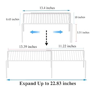 Technical diagram showing expandable measurements, with dimensions ranging from 11.22 to 22.83 inches, featuring dotted lines and arrows.