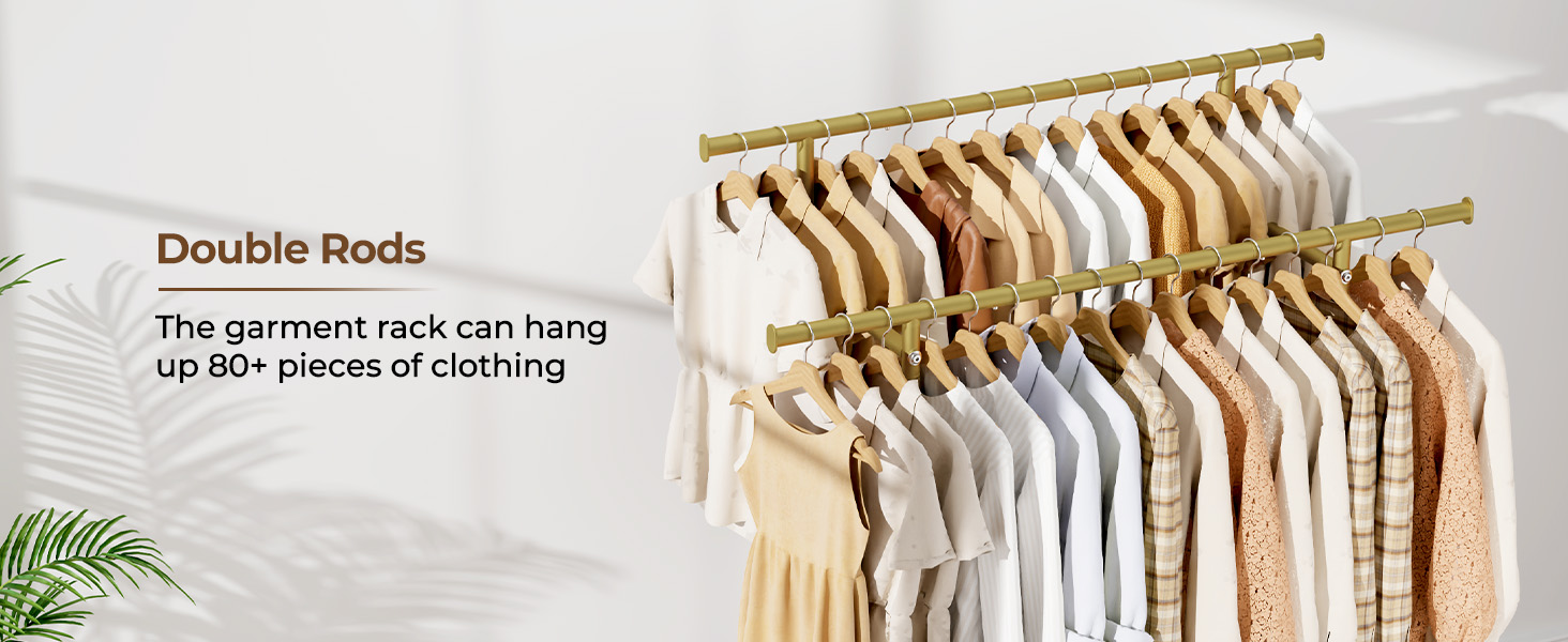 HYSEYY Double Rods Clothes Rack, Sturdy Rolling Clothing