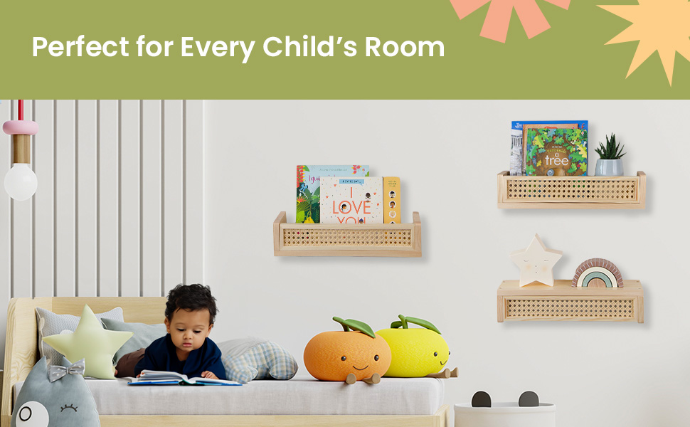 Boho Style Rattan Book Shelves for Kids Room
