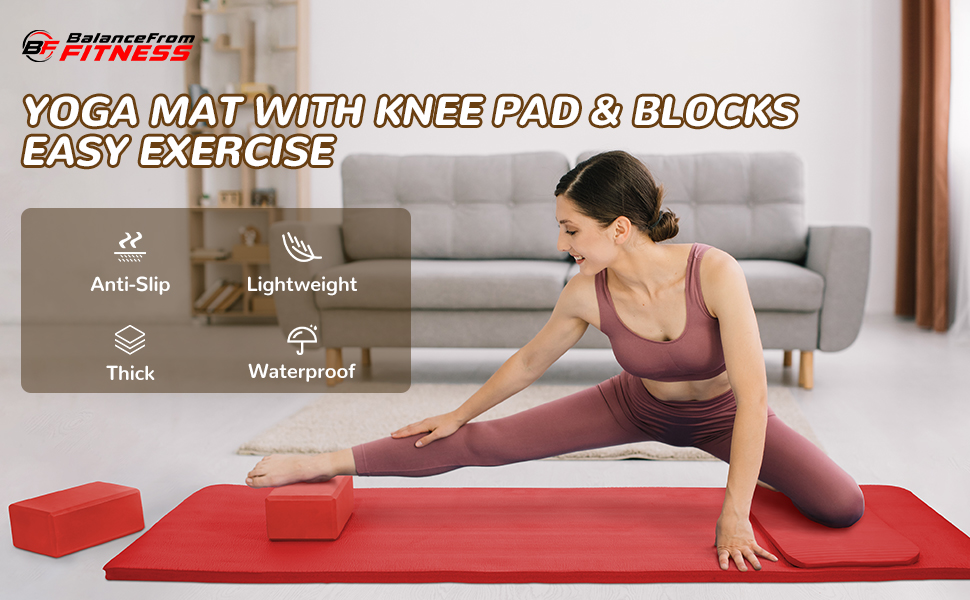 BalanceFrom 1-Inch Extra Thick Anti-Tear Exercise Yoga Mat with Carrying Strap, Yoga Blocks Knee Pad