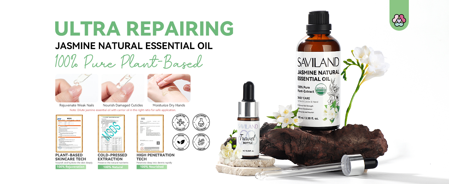 Saviland Jasmine Essential Oil Ultra Repairing: 100% Natural Cuticle Oils Nail Strengthener & Growth for Damaged Skin Hand Oils Pure Plant-Based Jasmine Oils Organic Care Travel Bottle Pro SPA 9 Jasmine essential oil