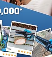 Vista parcial de la reseña o el anuncio del producto. Muestra estrellas de clasificación, el número «000+» e imágenes pequeñas de herramientas de jardinería o podadoras en uso
