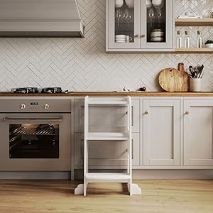 avery wooden kitchen helper step kids toddler baby learning tower w/ safety rail