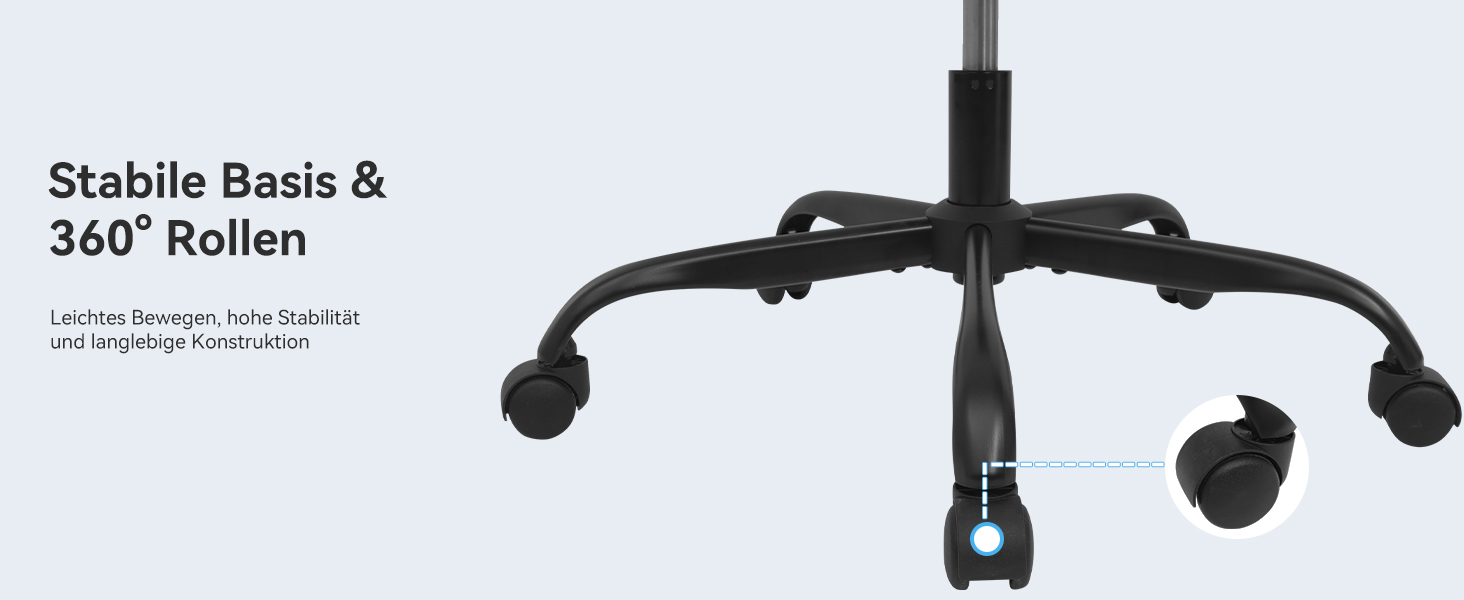 Nahaufnahme eines Bürostuhlgestells mit fünf Rädern, wobei dessen 360-Grad-Drehbarkeit hervorgehoben