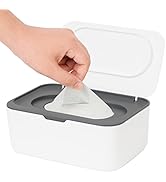 White rectangular wet wipe dispenser with gray lid. Hand demonstrating removal of a white wipe from the container's center opening.