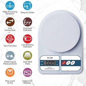 high accuracy display,overload and low battery indicators, container being cleaned easily
