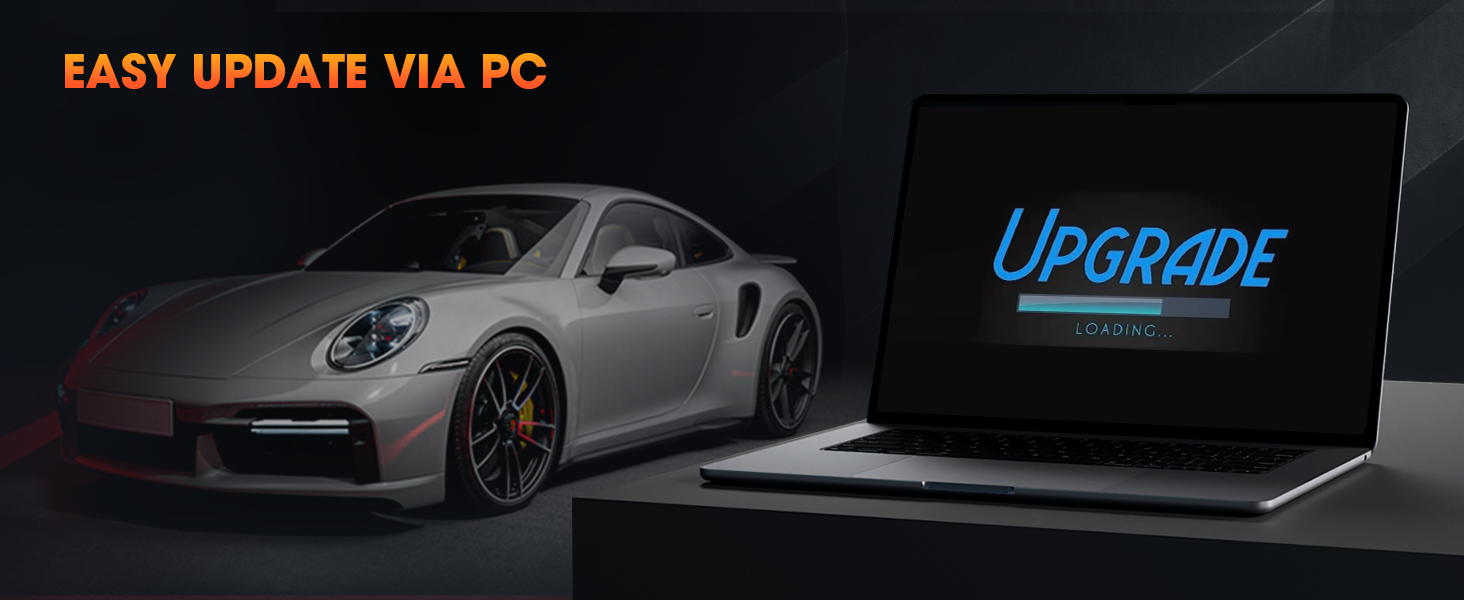Silver sports car next to laptop displaying 'UPGRADE' text, demonstrating PC-based vehicle software update capability.