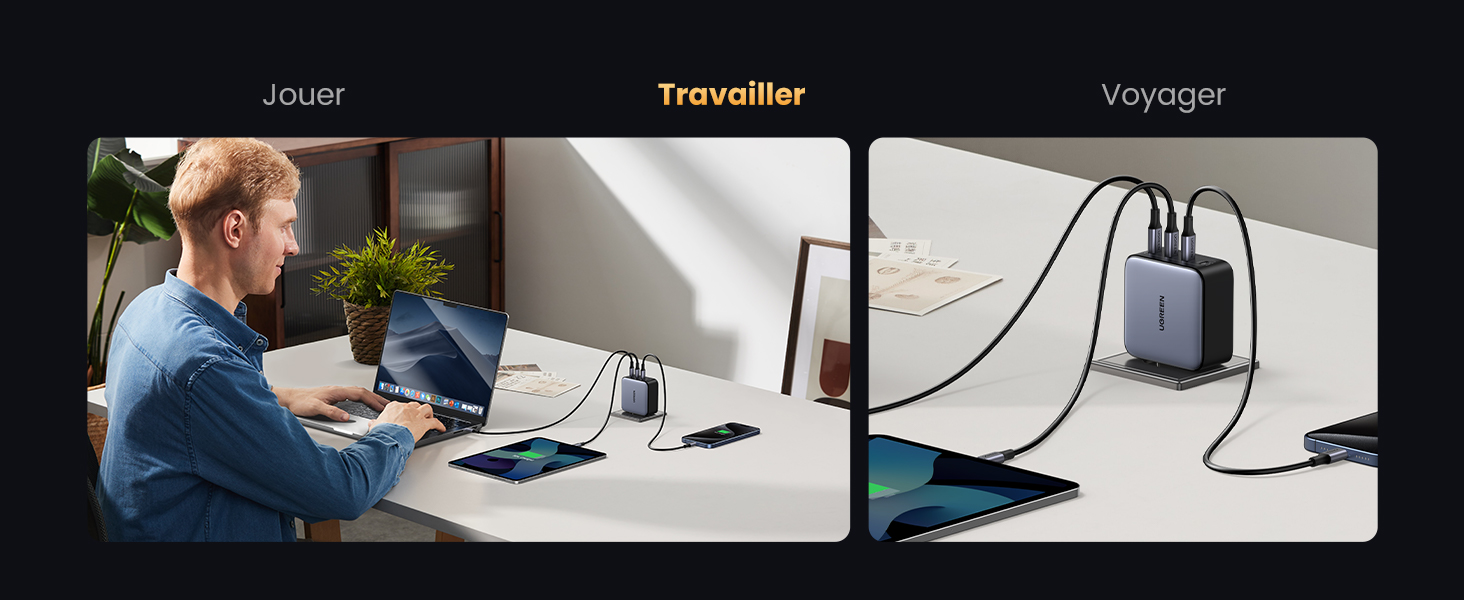 Image à trois panneaux montrant une batterie portable chargeant divers appareils. Homme utilisant un ordinateur portable, gros plan du chargeur et affichage de plusieurs appareils connectés