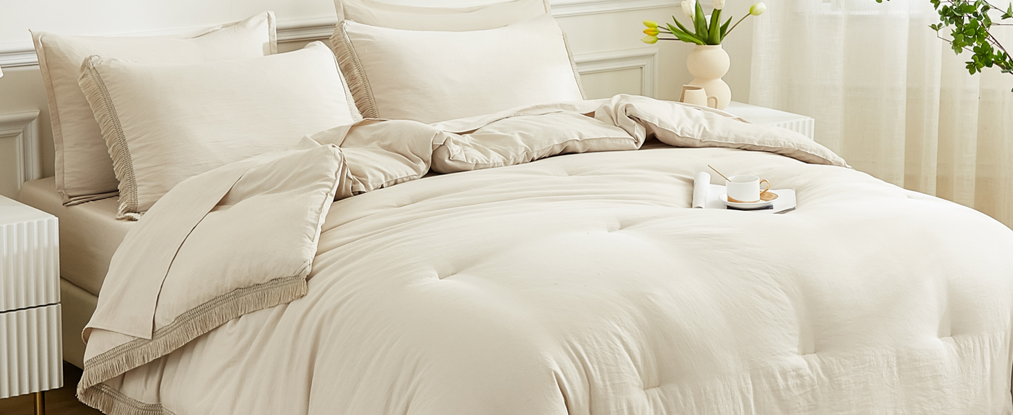 Andency Beige Comforter Set King Size with Sheets 7 Pieces